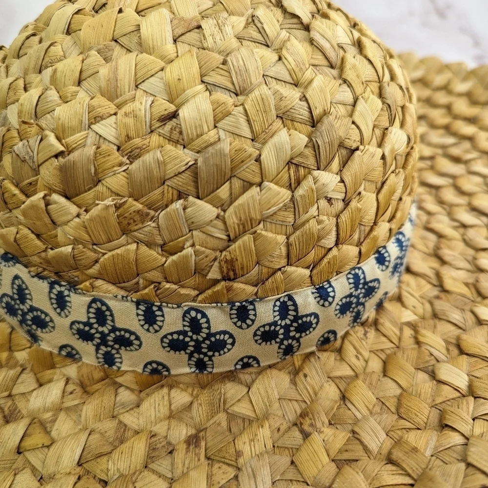 Vintage Hat Straw Sun Ladies Wide Brim Beach Shade Floppy Fabric Indego Africa - Picture 6 of 11